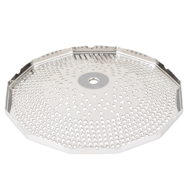 A stainless steel circular sieve with holes.