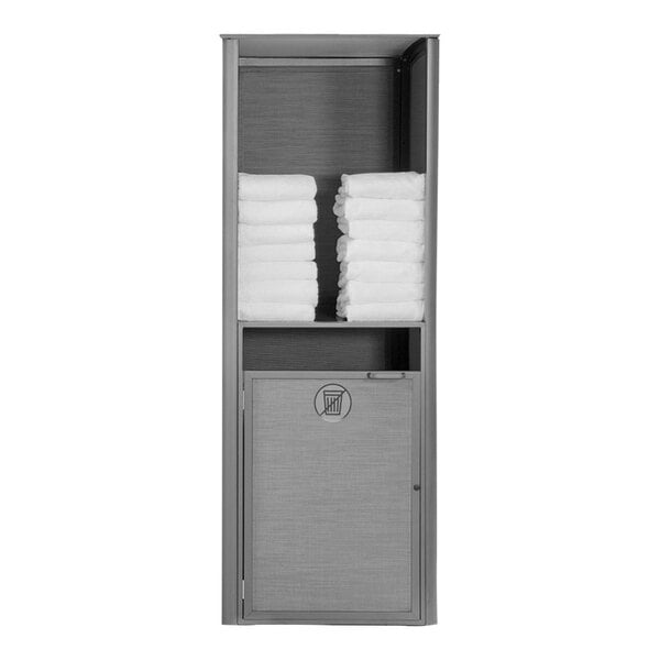 A Grosfillex Sunset Platinum Gray Towel Valet with towels on a shelf.