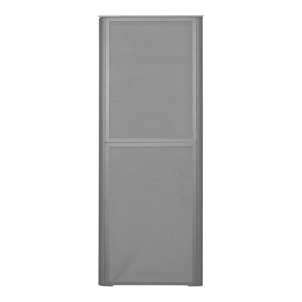 A grey cabinet with a mesh panel.