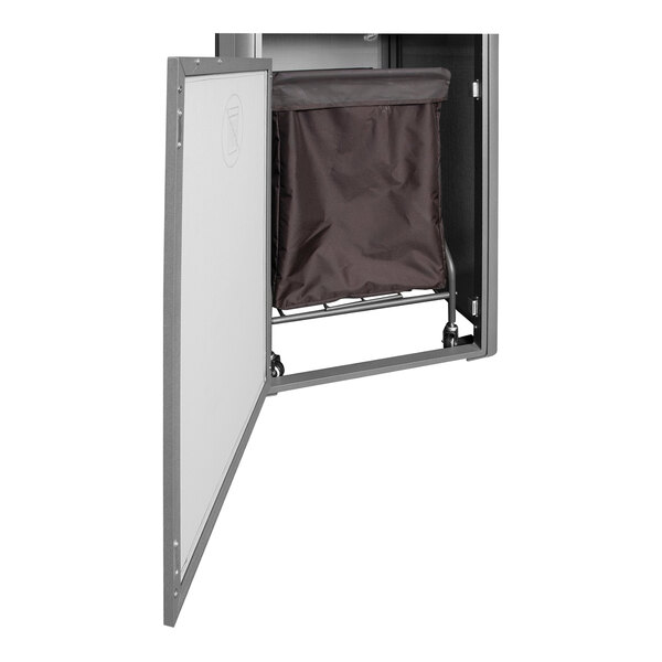 A Grosfillex Sunset Platinum Gray towel valet with a black bag in a metal box.