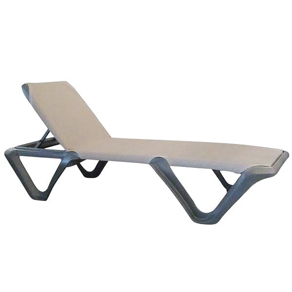 A Grosfillex Nautical Pro chaise lounge with an espresso sling.