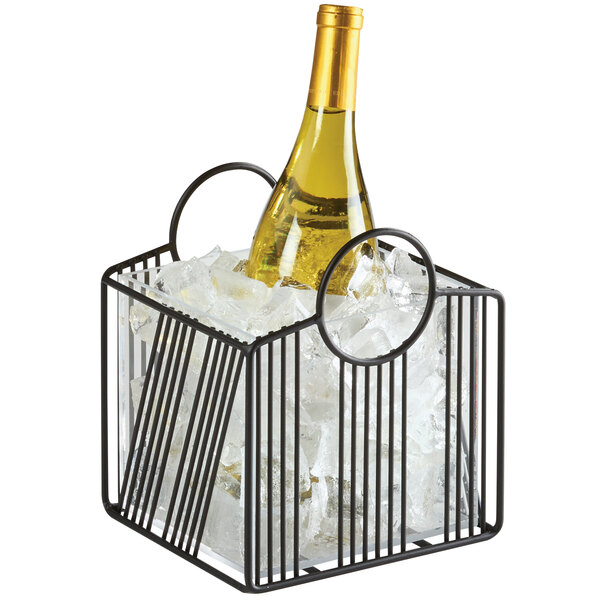 A Cal-Mil Portland black metal ice housing with a bottle of wine in a clear ice pan.