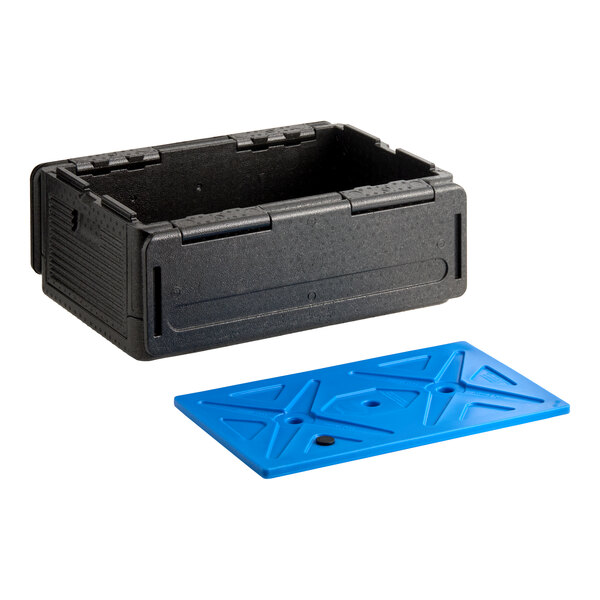 A black insulated food pan carrier with a separate blue ice board.