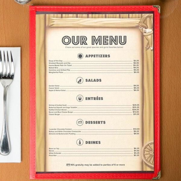 Menu paper with a Southwest themed saloon design on a table with a fork and knife.