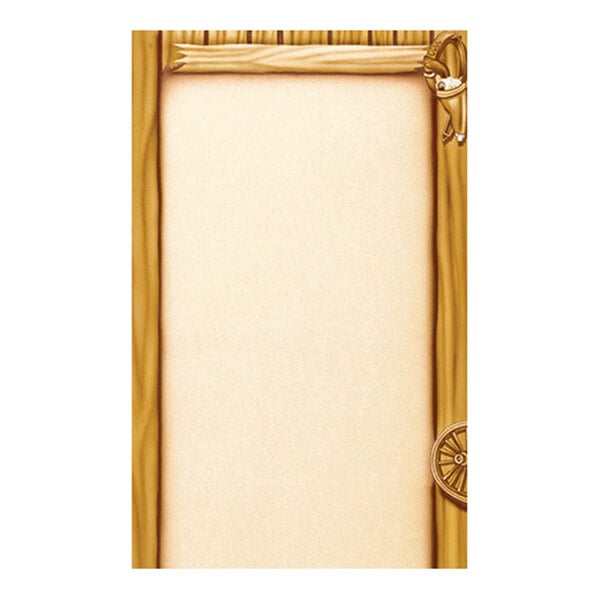 A rectangular sheet of paper with a wood-like border, featuring a lasso and wagon wheel design in the top right and bottom right corners, and a blank center area.