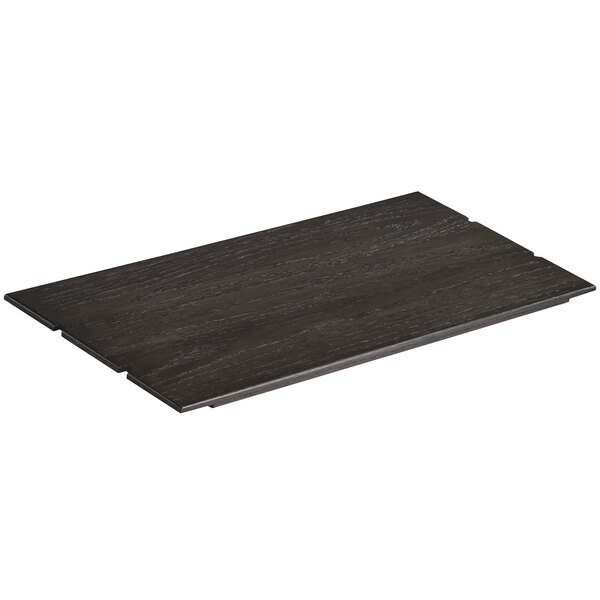 A black wooden Cal-Mil Cinderwood notched rectangular riser shelf.