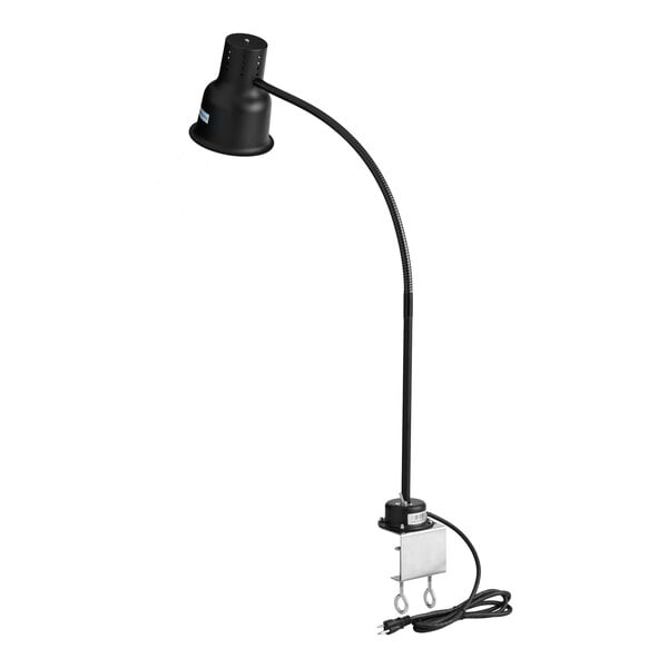 A black single arm stainless steel heat lamp with a flexible neck and a stainless steel clamp for mounting, designed for commercial use.