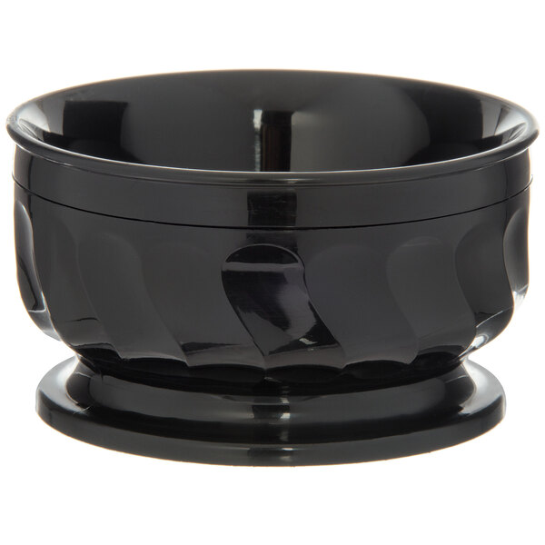 A black Dinex insulated bowl with a pedestal base on a white background.