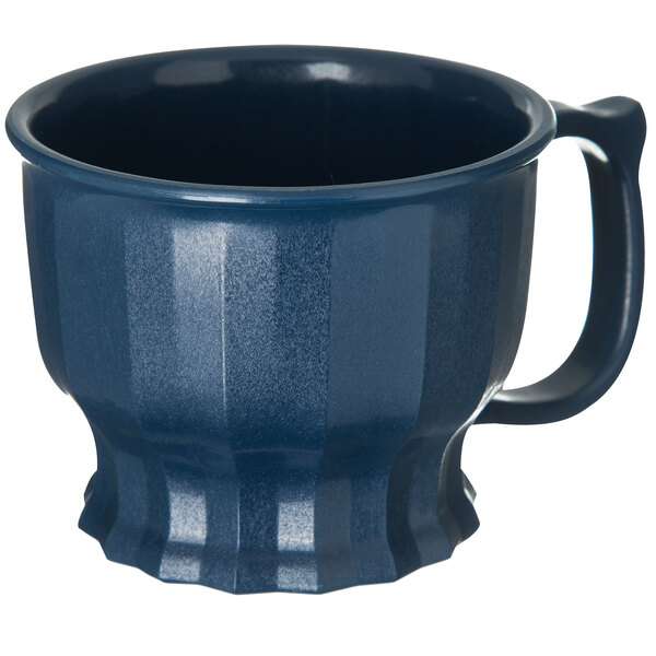 a blue mug with a handle