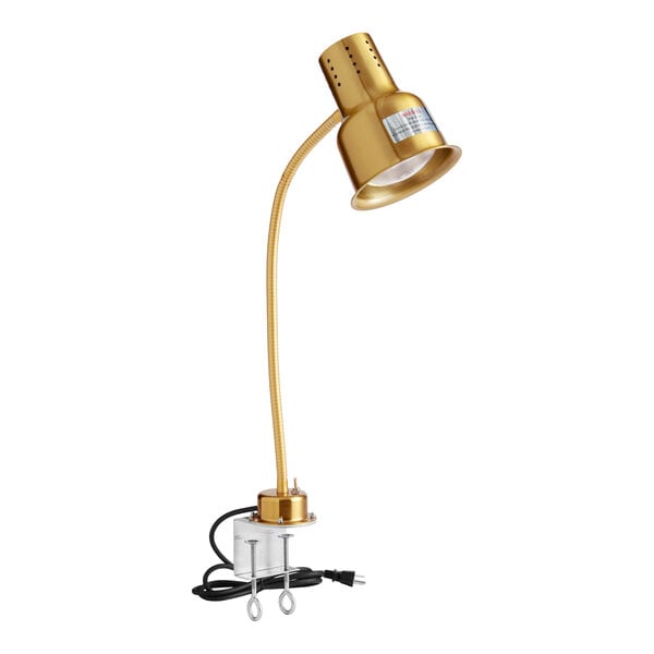 A gold single arm stainless steel heat lamp with a clamp attachment and power cord.