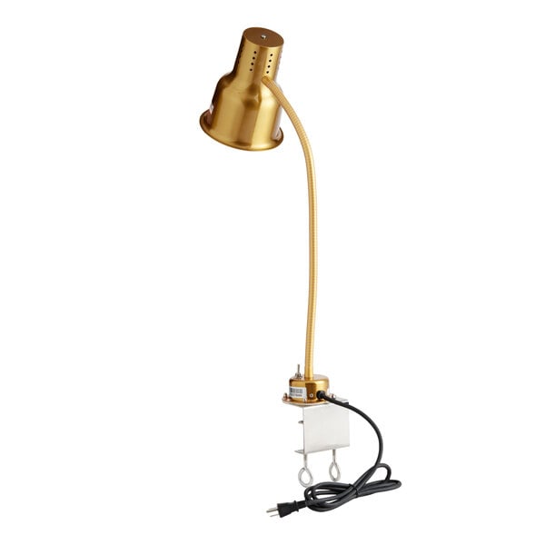 A gold single arm stainless steel heat lamp with a clamp and attached power cord.