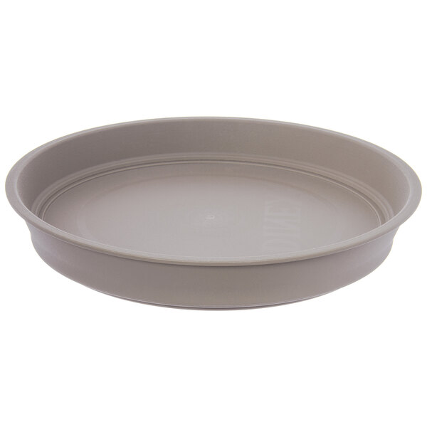 A round gray plastic bowl with a lid.