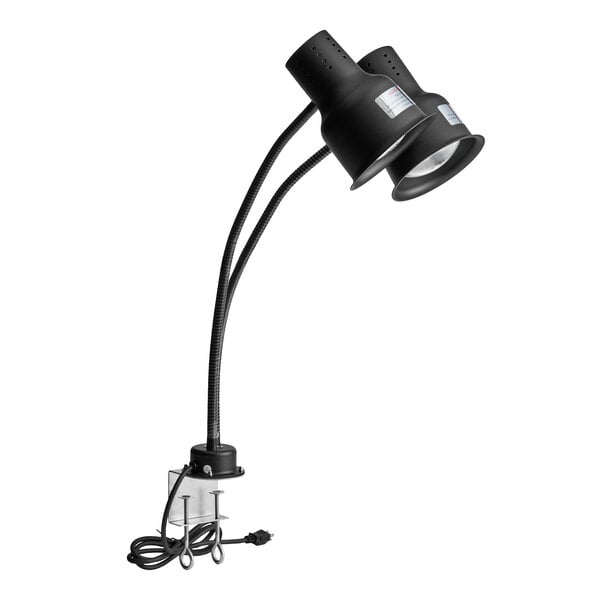 A black dual arm stainless steel heat lamp with a clamp and power cord.