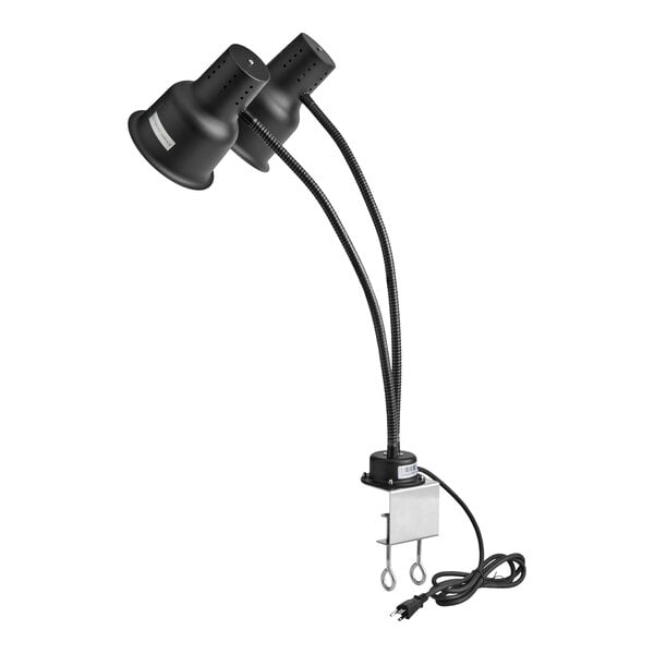 A black dual arm stainless steel heat lamp with a clamp and power cord.