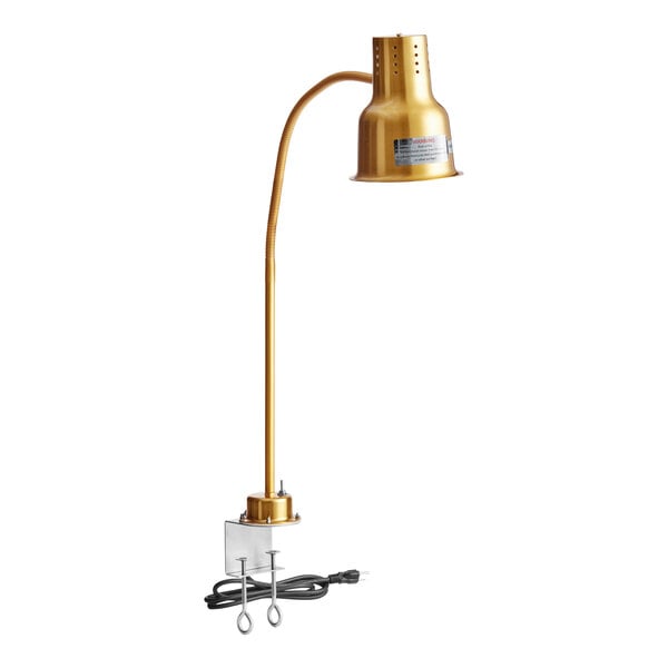 A gold single arm stainless steel heat lamp with a clamp and power cord.