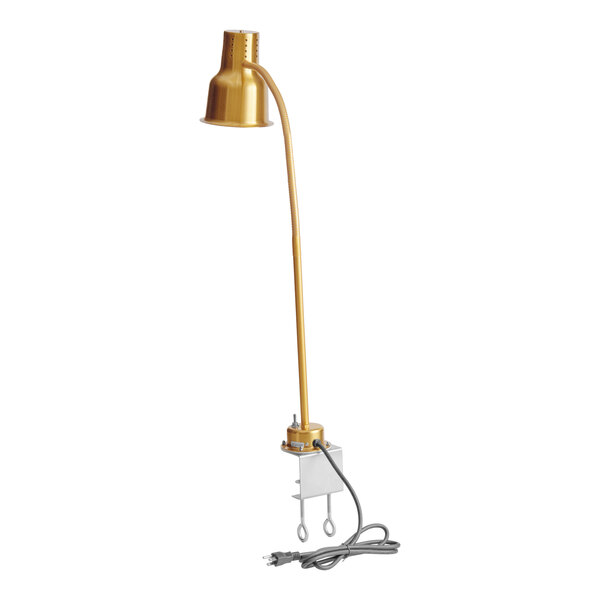 A gold single arm stainless steel heat lamp with a clamp and power cord.