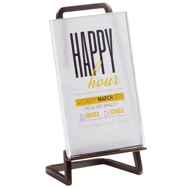A white rectangular Cal-Mil Sierra bronze metal cardholder with black text on a stand.