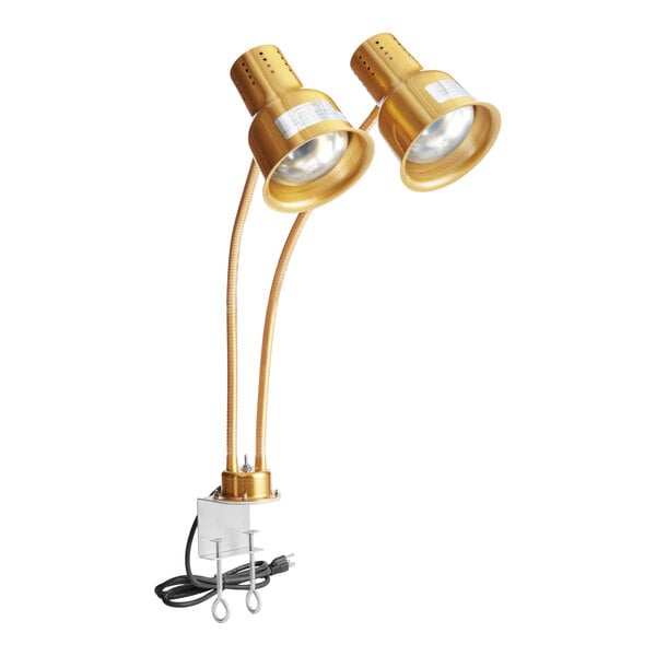 A gold dual arm stainless steel heat lamp with a clamp and power cord.