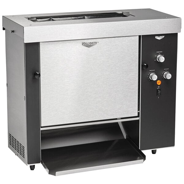 A Vollrath vertical contact bun toaster with a stainless steel top and black door.