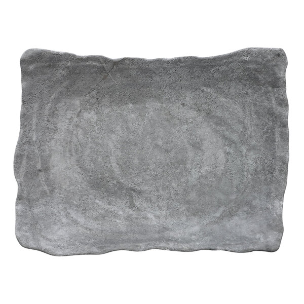 A grey rectangular melamine bowl with curved edges.