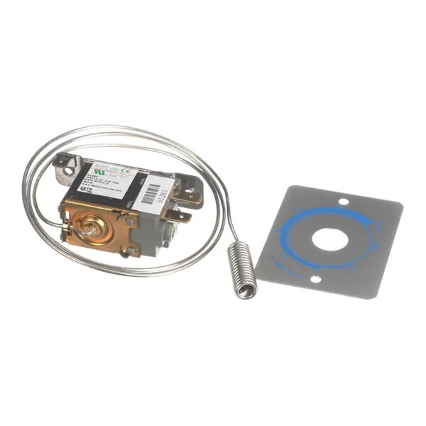 A metal temperature control device with an attached coiled sensor wire and a rectangular mounting plate.