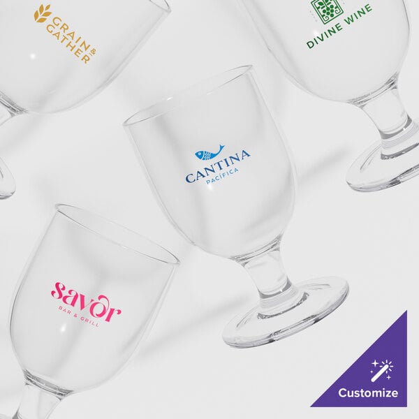 A close-up of a customizable plastic wine goblet.