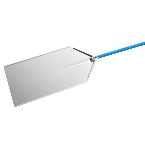 A GI Metal rectangular pizza peel with a blue handle.