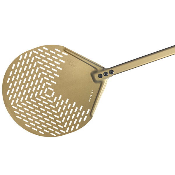 A close-up of a GI Metal gold anodized aluminum round perforated pizza peel with a long handle.