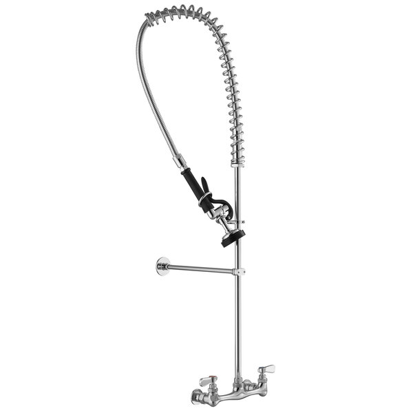 A chrome-plated wall-mount pre-rinse faucet with a hose.