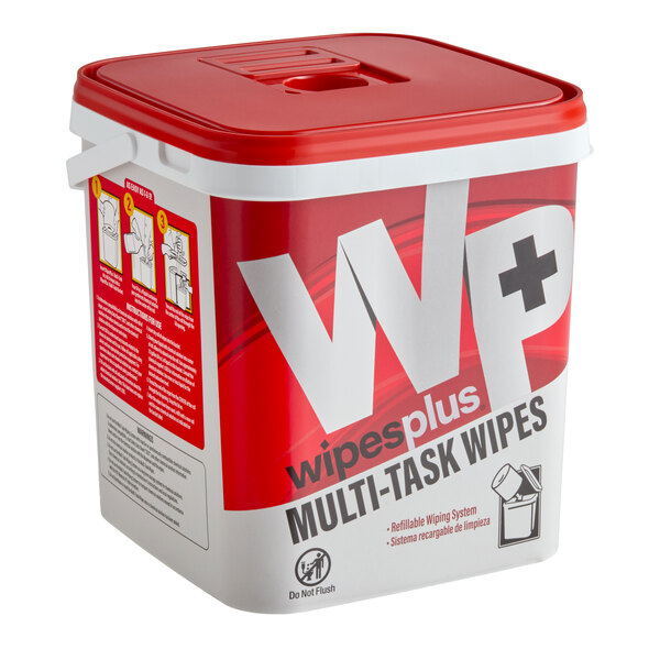 A rectangular plastic container with a red lid and white body, labeled 'wipesplus MULTI-TASK WIPES' and featuring usage instructions on the side.