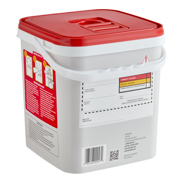 A white plastic bucket with a red lid, featuring instructional labels and a handle.