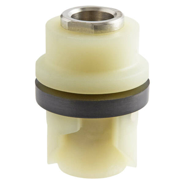 A white and black plastic drive hub with a metal ring.