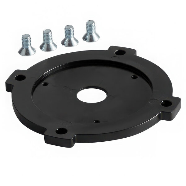 A black circular Robot Coupe adapter with screws.