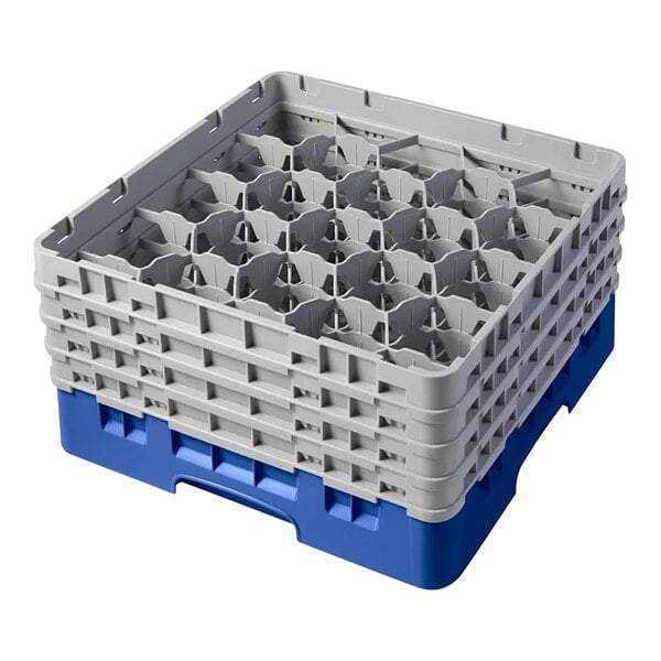 A blue and gray Cambro glass rack with 20 compartments and 4 extenders for washing and storing glassware.