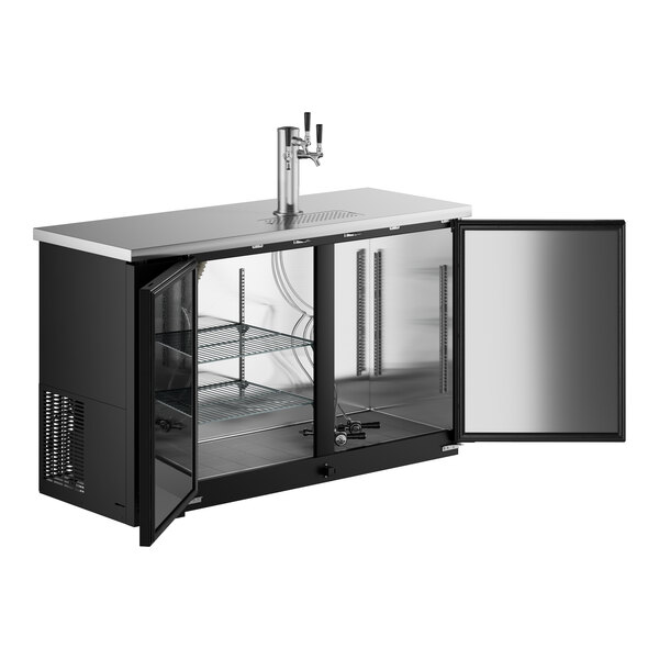 An Avantco black beer dispenser with silver taps on a counter.