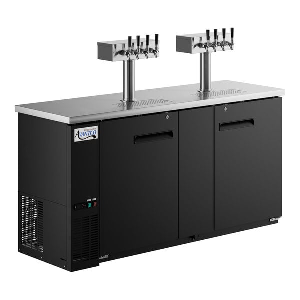 A black Avantco beer dispenser with four beer taps.