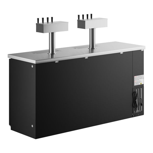 A black rectangular Avantco kegerator with silver metal taps on top.