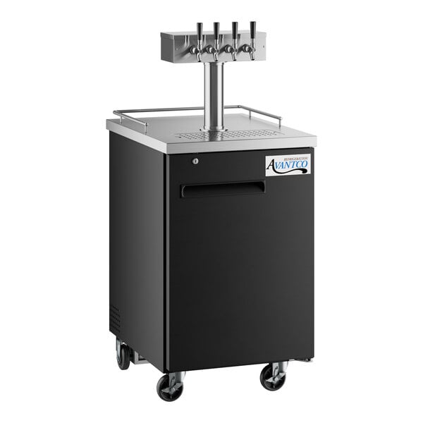 A black Avantco beer dispenser with silver taps on a black and silver refrigerator.