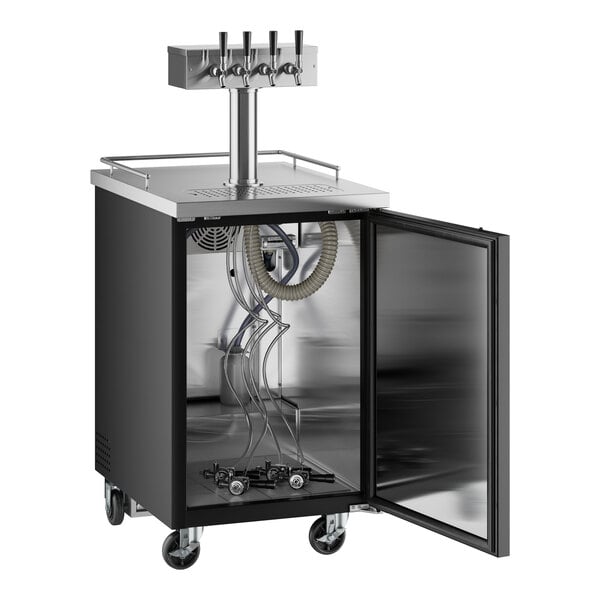 An Avantco black and silver beer dispenser with a glass door.