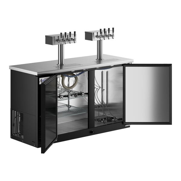 An open black Avantco beer dispenser with four beer taps.
