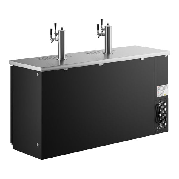 A black rectangular Avantco beer dispenser with two silver metal taps.