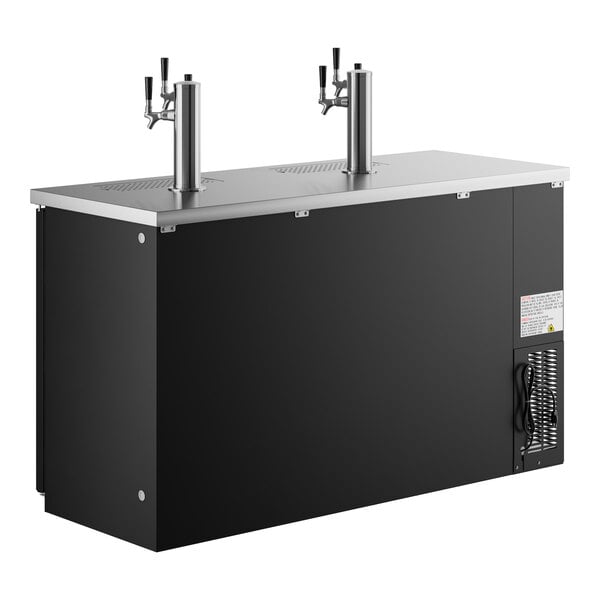 A black rectangular Avantco beer dispenser with silver trim and two taps.