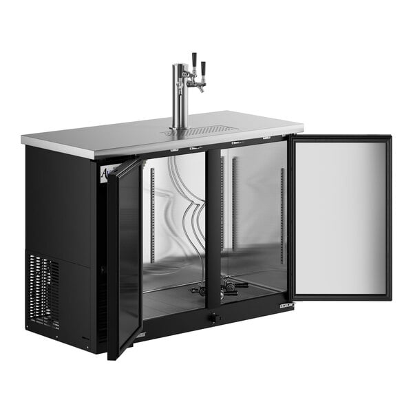 A black Avantco beer dispenser with two doors.
