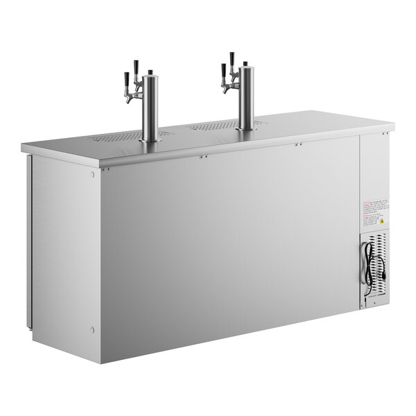A silver rectangular stainless steel Avantco beer dispenser with two taps.