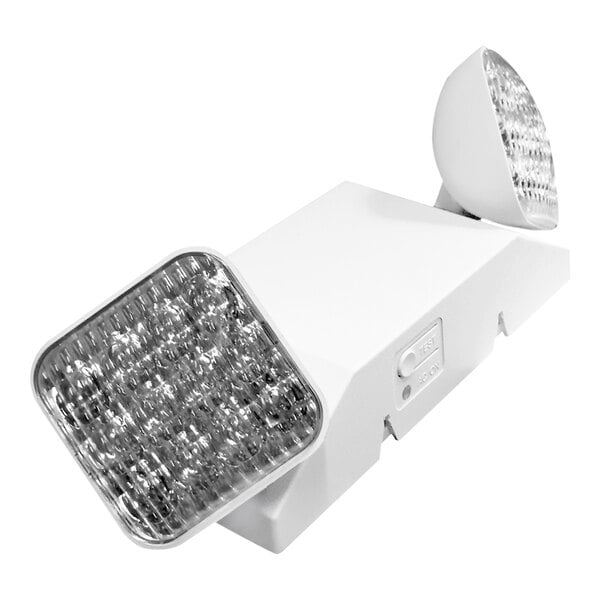 A white rectangular Dual Head LED Emergency Light with two white lights on.