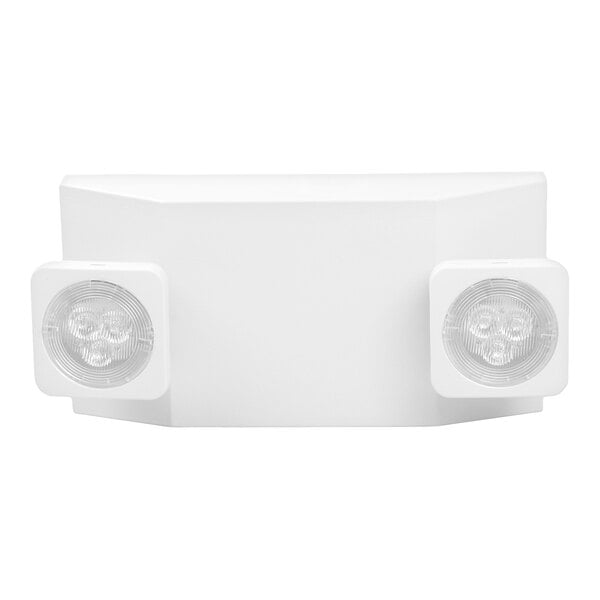 A dual head white LED emergency light with battery backup.