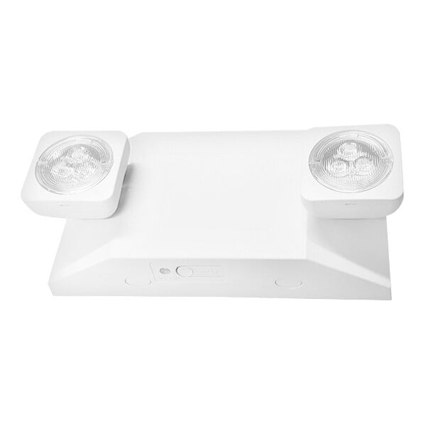 A dual head white LED emergency light with battery backup.