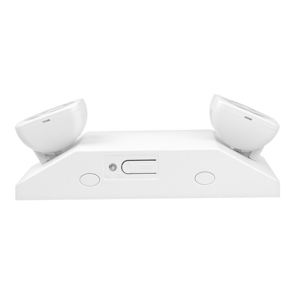 A dual head white LED emergency light with battery backup and a test switch.