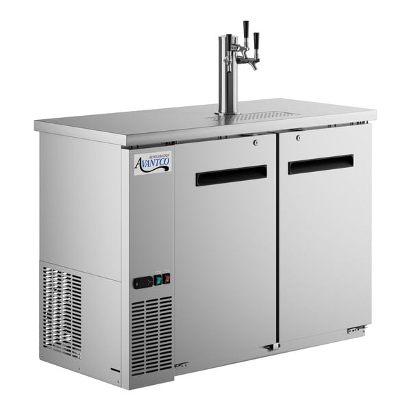 A stainless steel Avantco beer dispenser with two taps.