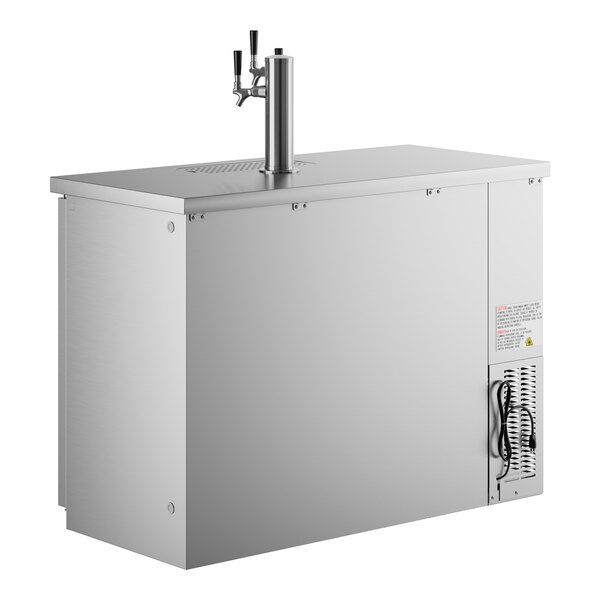 A stainless steel rectangular Avantco beer dispenser with three taps.